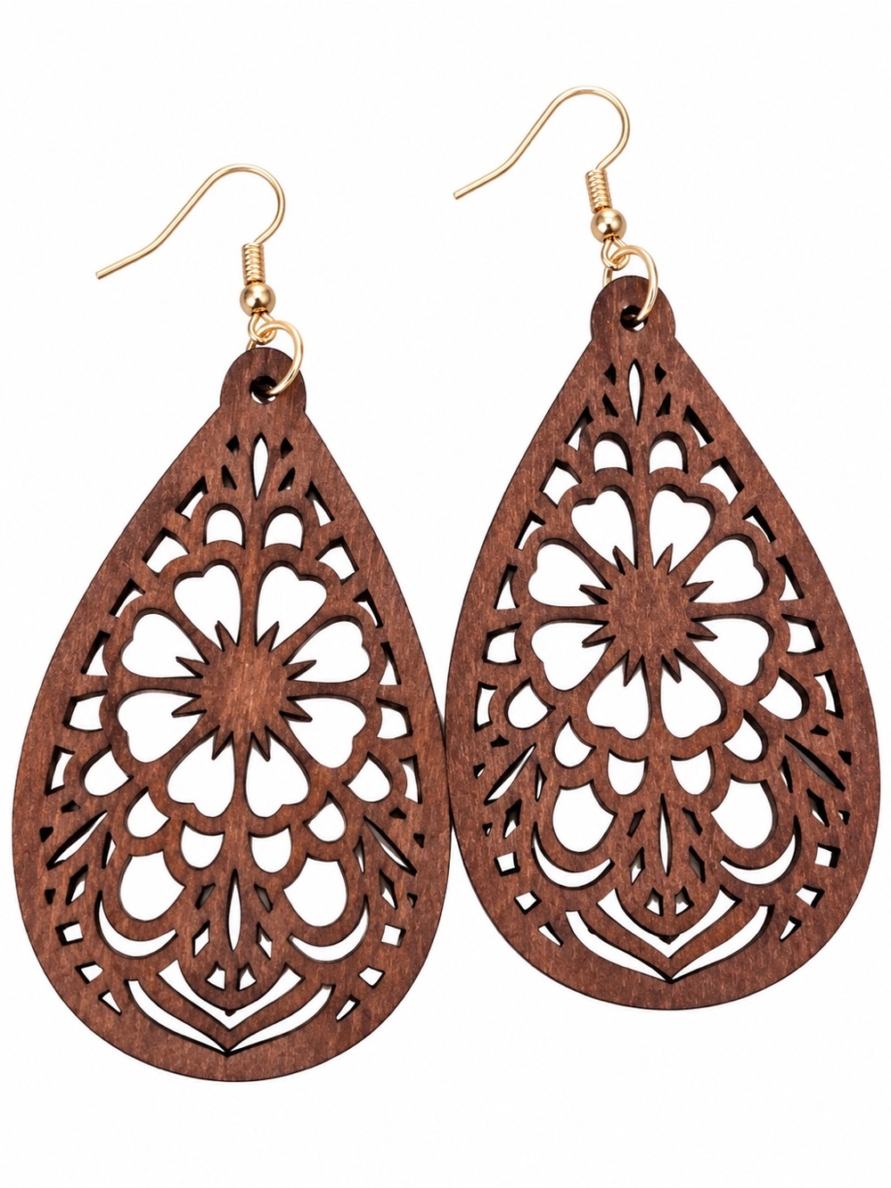 Wooden Teardrop Filigree Earrings - Brown